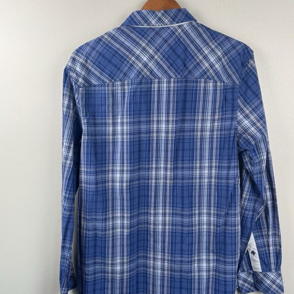 English Hero Mens Large Short Eminence Blue Button Up Geometric Cuff Pocket Rock - Picture 9 of 10